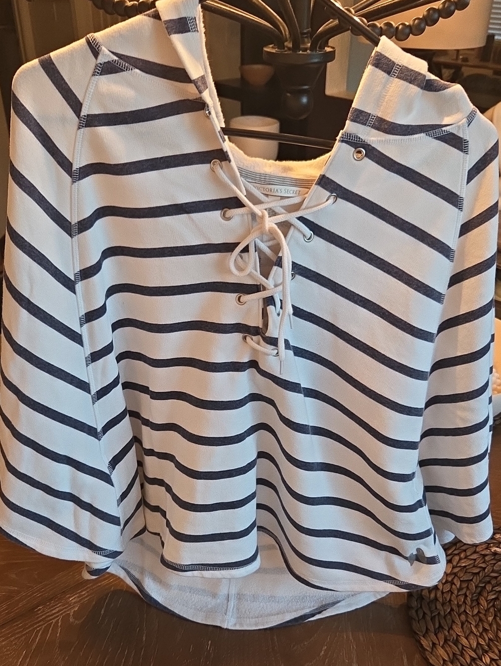Victoria's Secret White and Navy Striped Lace-Up Hoodie